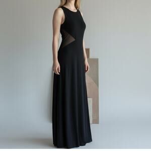 Vintage Rhapsody Black Velvet Maxi Dress Mesh Cutout Satin Trim Size 6 Gala Glam